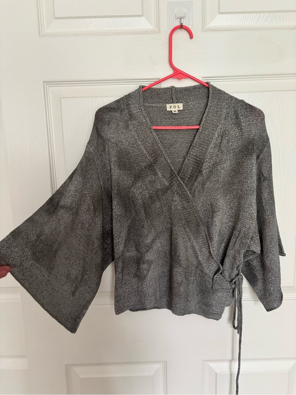 POL Marble Grey Kimono Style Wrap-Front Knit Sweater